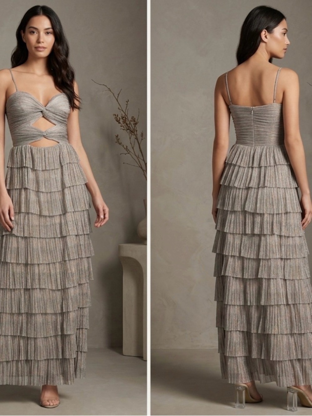 Gianni Bini Silver-Gray Tiered Maxi Dress with Cutout
